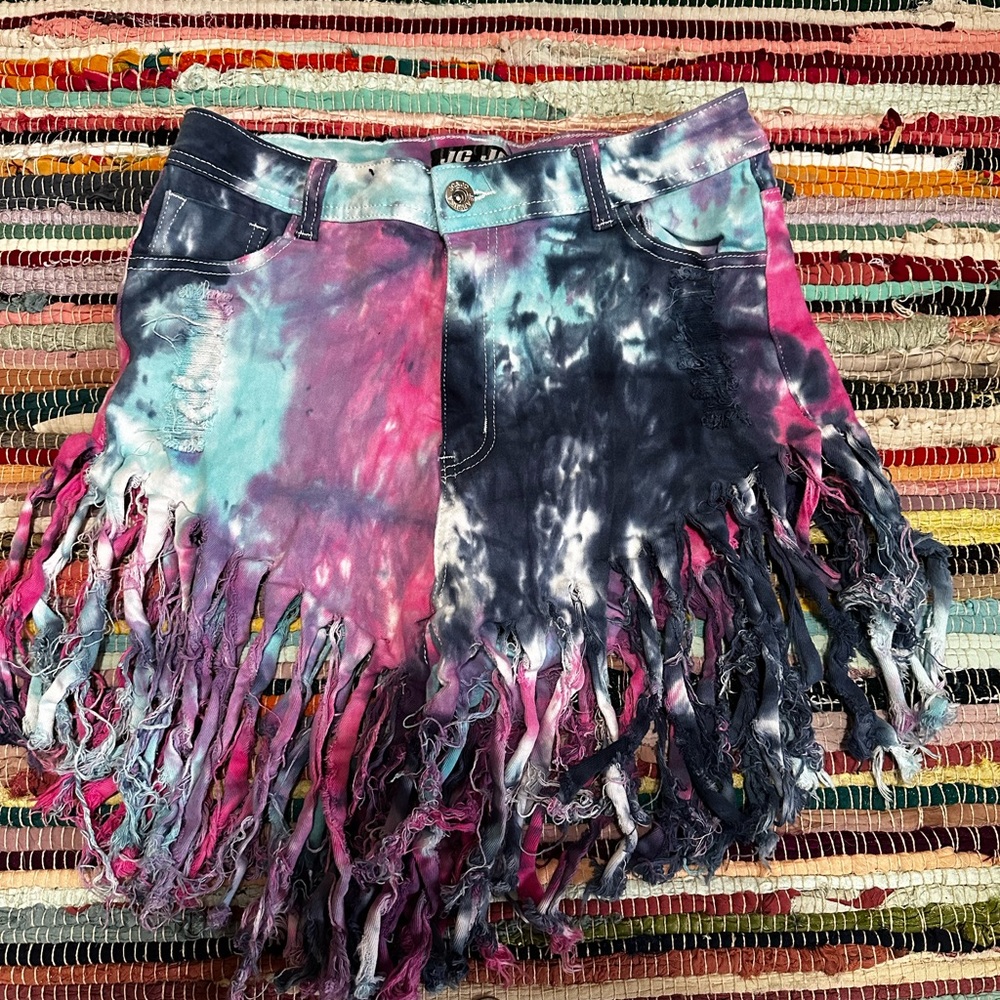 Colorful Tie-Dye Fringe Denim Shorts